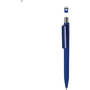 A blue plastic pen with a silver clip and a logo on the top.