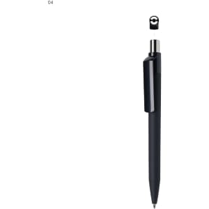A black plastic pen with a sleek design and a clip. Includes a branding logo at the top.