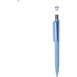 A blue plastic pen with a silver clip and a rounded top, featuring a logo.