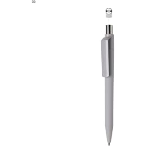 A grey plastic pen with a sleek design, featuring a clip and a silver-tone top. The pen has a logo visible.