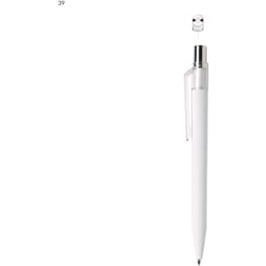 A white plastic pen with a clear clip and silver accents. It features a logo at the top.