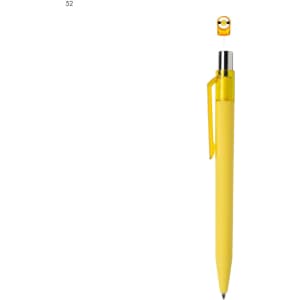A yellow plastic pen with a shiny silver clip and a branding logo at the top.