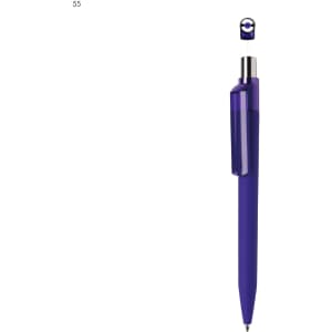 A plastic pen in purple with a clip and a reflective detailing. The pen has a circular logo at the top.