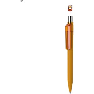 A plastic pen in a vibrant yellow colour with a transparent orange clip and a chrome tip, featuring a logo.