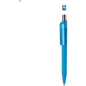 A blue plastic pen with a transparent clip, featuring a logo on the top of the cap.