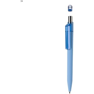 A light blue plastic pen with a transparent blue clip and a silver trim. It features a logo on the clip.