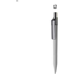 A plastic pen with a silver clip and a white barrel, featuring a metallic top and a branding logo.