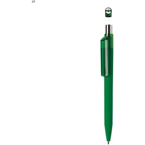 A green plastic pen with a transparent green clip and a silver nib, featuring a branding logo on the clip.