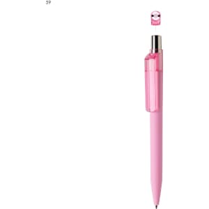 A pink plastic pen with a transparent cap and silver accents. It features a logo on the clip.