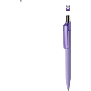 A purple plastic pen, featuring a translucent purple clip and silver accents, with the clip detached.