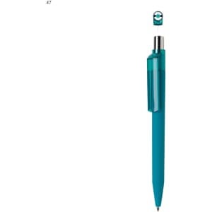 A plastic pen in turquoise with a clear clip and a reflective top. The pen has a sleek, modern design.