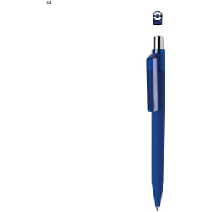 A blue plastic pen with a clear clip and a round cap featuring a logo.