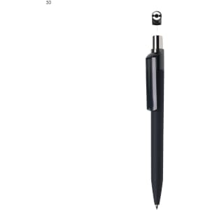 A black plastic pen featuring a sleek design and a clip, with a logo on the top.