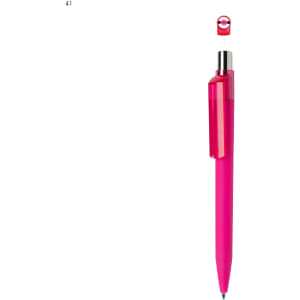 A bright pink plastic pen with a clear clip and a logo at the top.