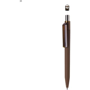 A brown plastic pen with a metallic top and a clip, featuring a simple design and a logo.