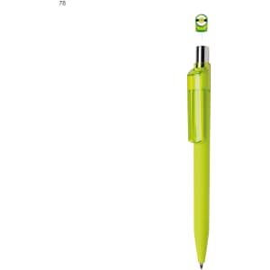 A plastic pen in vibrant neon green, featuring a transparent section and a visible logo on the clip.