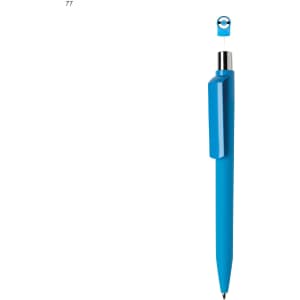 A blue plastic pen with a clip and a metal tip, featuring a removable cap. It includes a logo on the body.