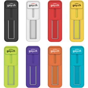 A collection of mobile stands in various colours: black, white, red, yellow, orange, green, purple, and blue. Each stand has a logo.