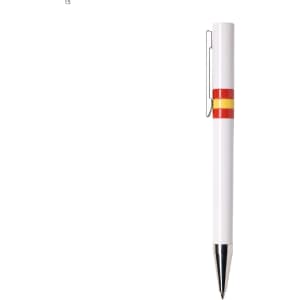 A white pen with a silver clip, featuring red and yellow bands around its barrel.