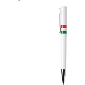 A white plastic pen with red and green stripes and a silver clip. It has a sleek design and a shiny tip.