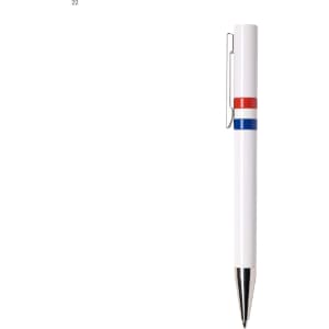 A white plastic pen featuring red and blue stripes, with a silver clip and nib. It has a logo on the body.