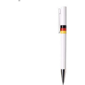 A white plastic pen featuring a black, red, and yellow band, with a silver clip and tip.