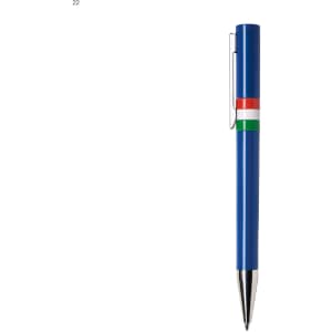 A blue plastic pen with a clip and a decorative band featuring red, white, and green colours.