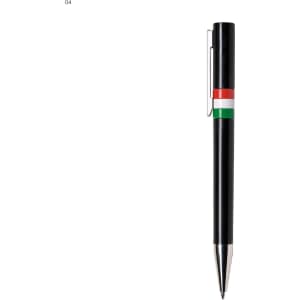 A black plastic pen with a clip, featuring green, white, and red stripes. It has a logo on the barrel.