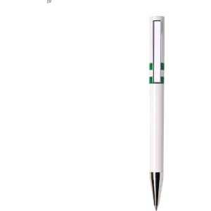 A white plastic pen featuring green accents and a silver tip, with a branding logo on the body.