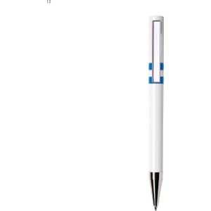 A plastic pen in white with blue accents, featuring a sleek design and a shiny silver tip.