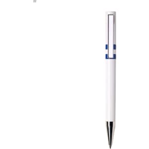 A white plastic pen with a blue accent and a silver tip, featuring a logo on the barrel.