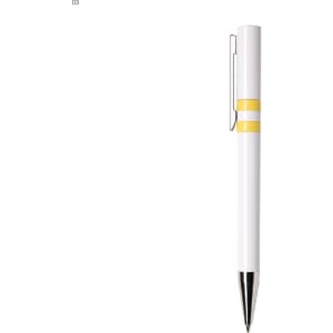 A white plastic pen with yellow accents and a metal clip, featuring a branding logo on the barrel.