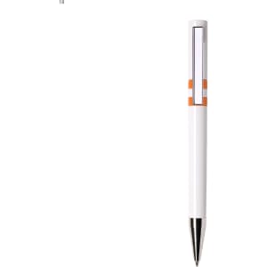 A white plastic pen with an orange accent and a silver tip. The pen features a branding logo.