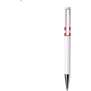 A white plastic pen with a red accent and a metal tip. The pen features a branding logo.
