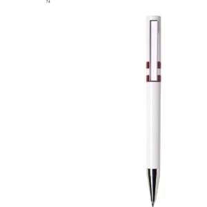 A white plastic pen with a clear section and a maroon accent. It features a chrome tip and has a logo.