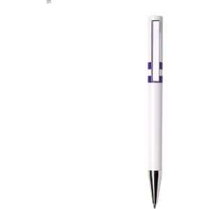 A white plastic pen with a purple accent and a chrome tip, featuring a branding logo.