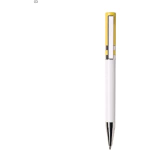 A plastic pen in white and yellow with a silver clip and trim, featuring a logo on the body.