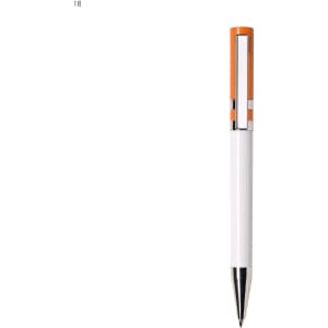 A plastic pen with a white body and an orange top, featuring a chrome clip and tip, along with a logo.