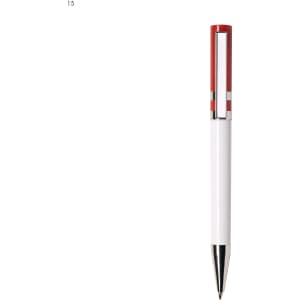A plastic pen with a white body and red accents, featuring a silver clip and tip, and a logo on the surface.