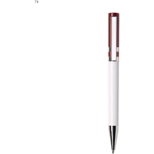A white plastic pen with a red top and a metal clip. It features a logo on the barrel.