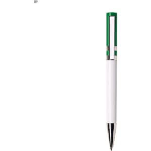 A plastic pen in white with green accents and a silver clip. The pen features a logo on its body.