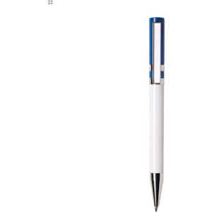 A plastic pen with a white body and a blue top. It features a silver clip and a metal tip.