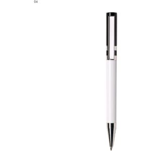 A plastic pen in white with black and silver accents, featuring a logo on the body.