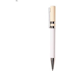 A plastic pen featuring a white barrel and a cream-coloured cap with silver accents and a clip, alongside a branding logo.