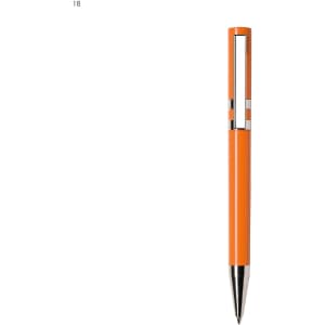 An orange plastic pen with a silver clip and decorative elements, featuring a logo on its body.