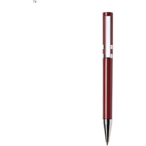 A red plastic pen with a silver clip and detailing, featuring a logo on its body.
