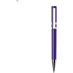 A purple plastic pen with a silver clip and accents, featuring a sleek design and a logo.