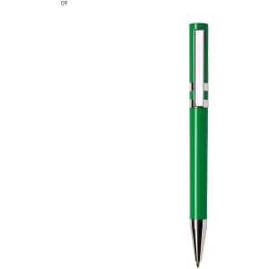 A green plastic pen with a silver clip and a shiny silver tip, featuring a logo.
