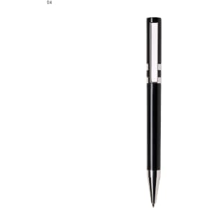 A black plastic pen with a silver clip and accents, featuring a sleek, modern design and a logo.