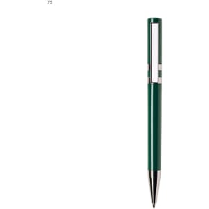 A green plastic pen with a silver clip and detailing, featuring a logo.